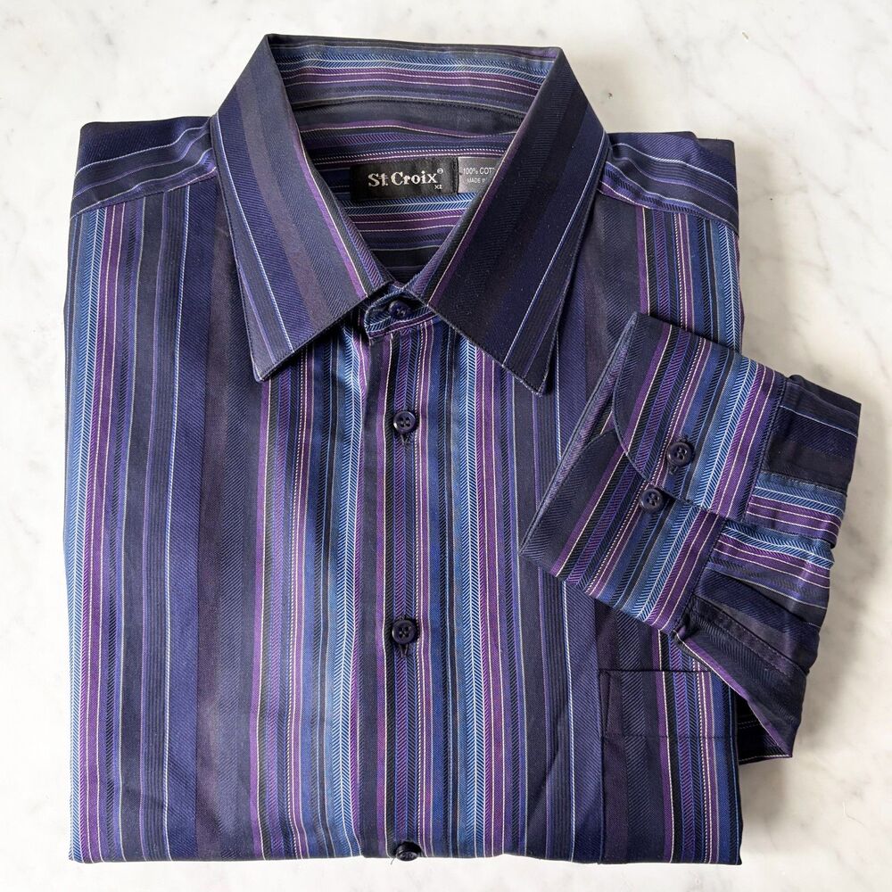 St Croix Striped Dress Shirt Size XL Purple Blue Long Sleeve 100% Cotton Italy